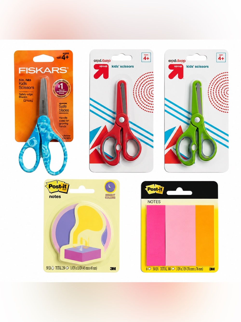 NWT set of 4 preschool‎ and kids scissors + 2 packs of post it sticky notes